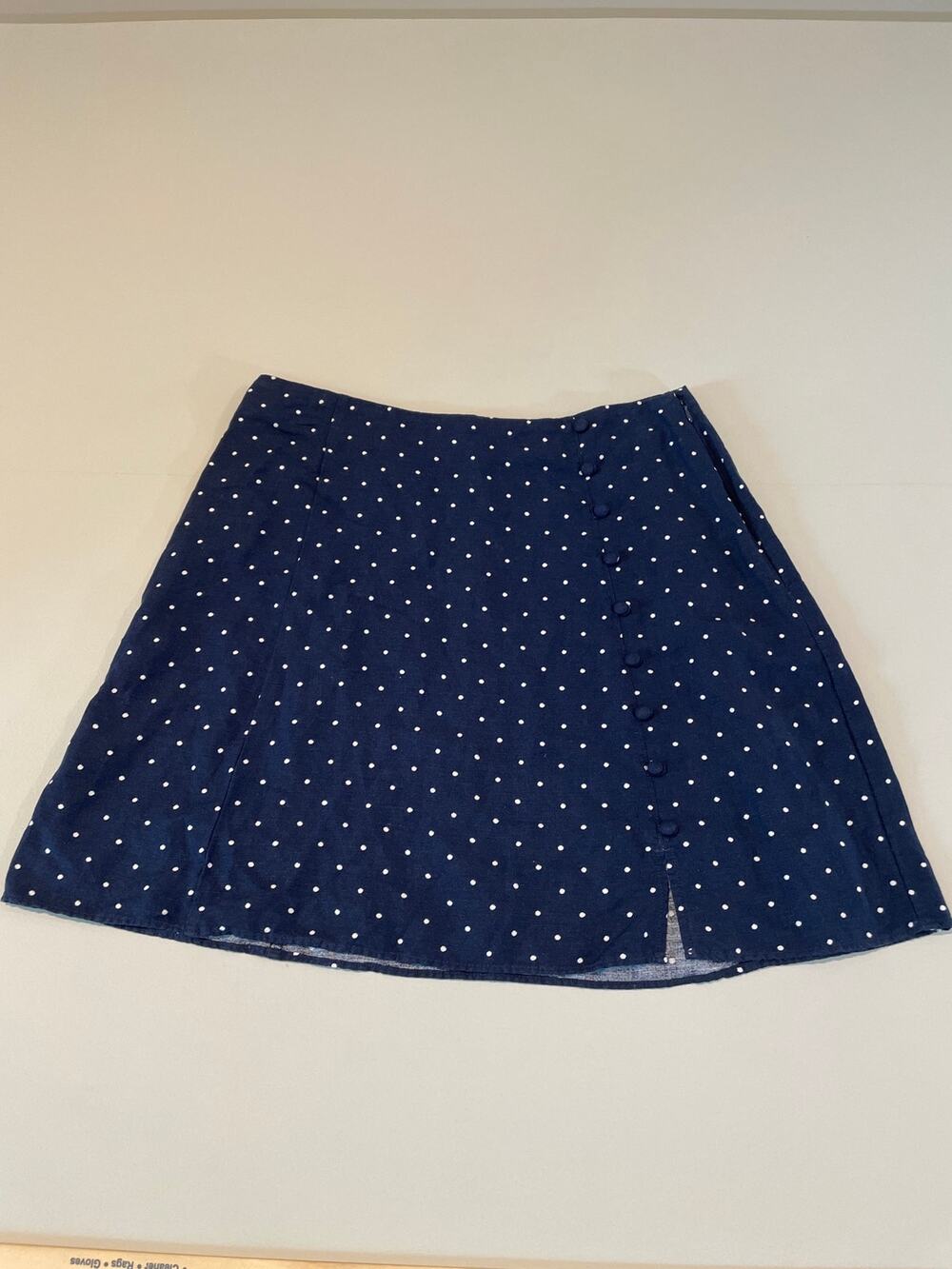 LOFT Size 8 Navy & White Polka Dot Linen Blend Flare Skirt Button Detail